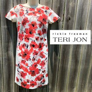 Rickie Freeman for Teri Jon Floral Dress 4 White Red Sequin Black Mini Ruffle